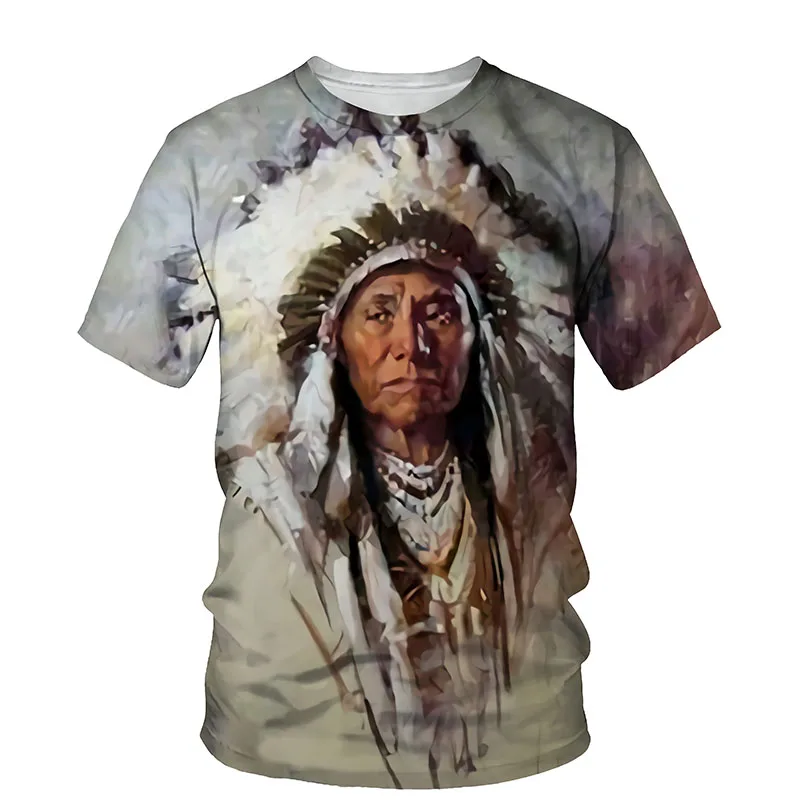 Indian Chief Totem 3D Fun Print Personality Retro Fashion Casual Daily Men Street Crewneck Short Sleeve Loose Oversized T-shirt