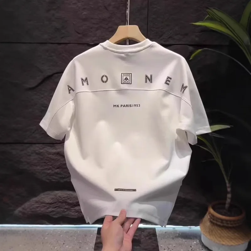 Summer New Trendy Brand Letter Foam Print Round Neck Short Sleeve Men's Fashion Simple Patchwork Versatile Casual T-Shirt