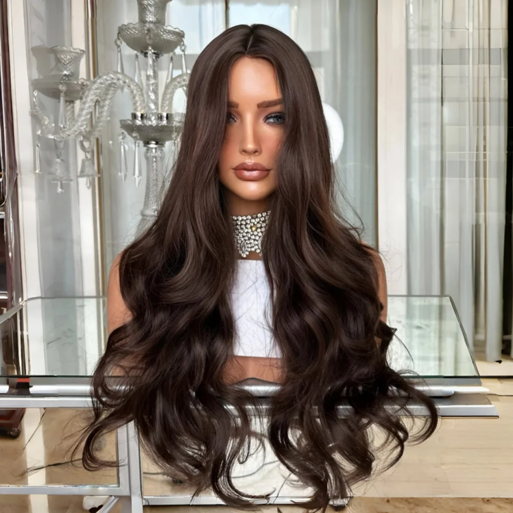 

Бесшовные парики с кружевной передней частью 13*4*1, 26 дюймов, 180% плотность, коричневые, с эффектом естественной волны, для женщин, с детским волосом, из синтетического волокна, для повседневной носки