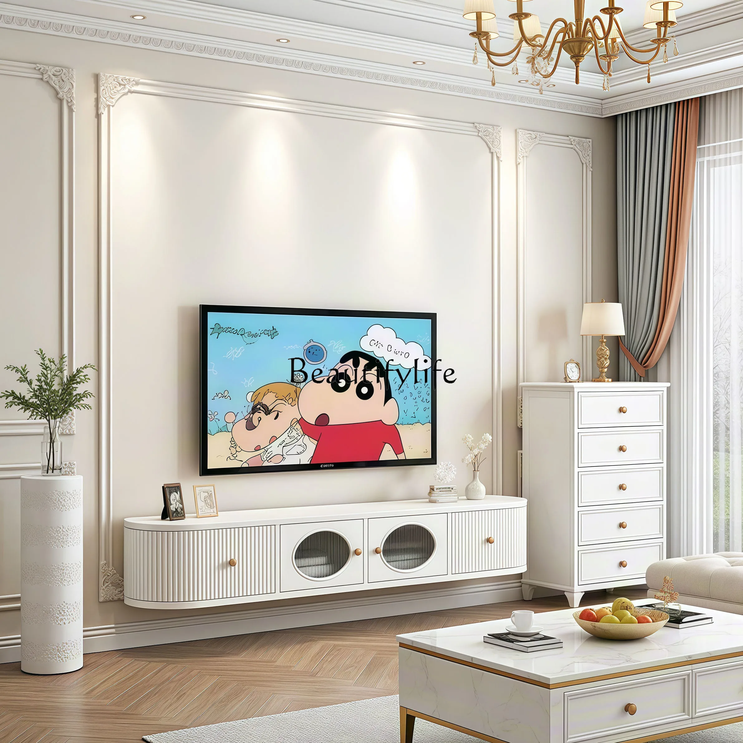 05-French cream TV cabinet coffee table combination living room household small apartment modern simple floor