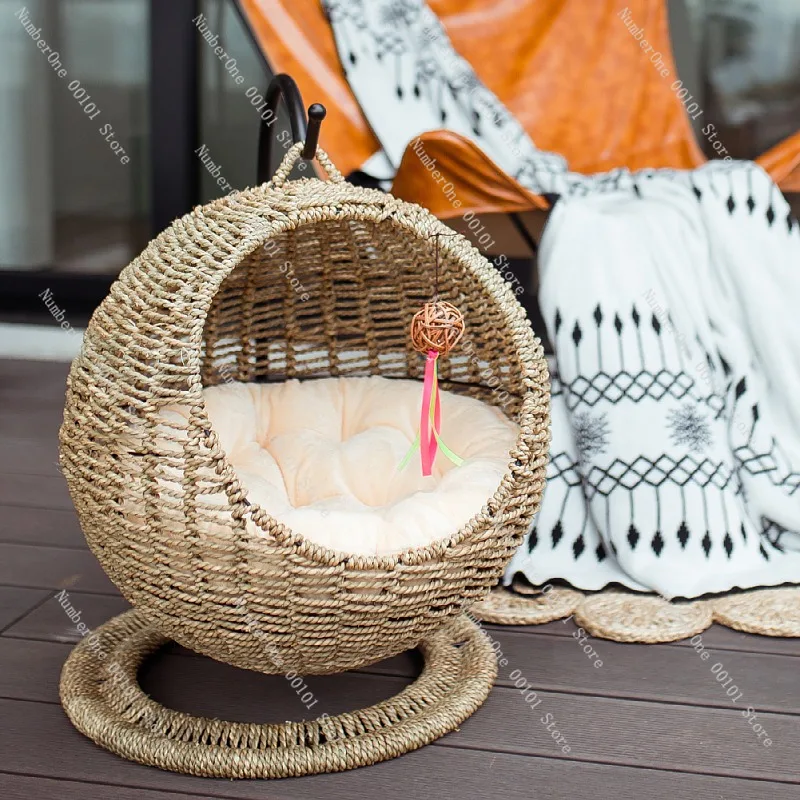 Rattan Cat Hanging Basket Bed Round Semi Enclosed Hammock Swing Lounge All Season Washable Indoor Pet Cave For Summer Winter view 3