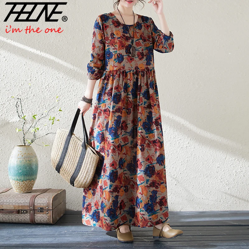 

New Summer Women Dress Plus Size Maxi Long Bohemian Para Mujer Elegant Vestidos De Mujer Boho O-Neck Print Robe Vintage Dresses