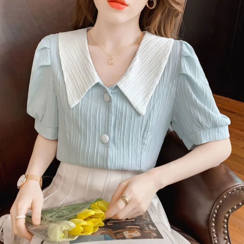 Sweet Contrast Shirt Tops Summer New Short Sleeve Solid Doll Neck All-match Cute Button Blouse Fashion Korean Women Clothing