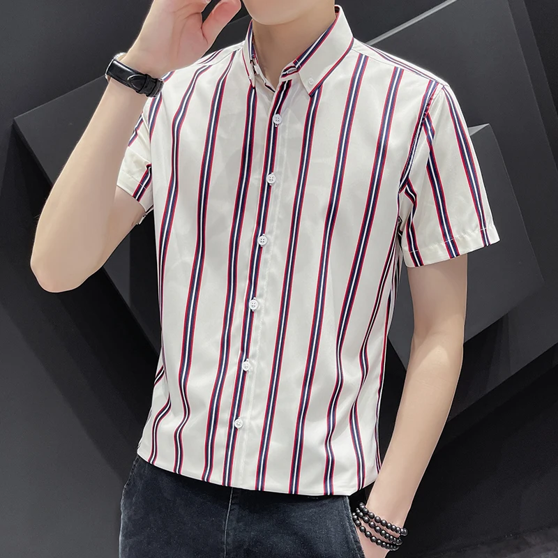 

Summer Men's Button Turn-down Collar Striped Short Sleeve Cardigan Solid Shirt Casual Office Lady Formal Preppy Style Tops