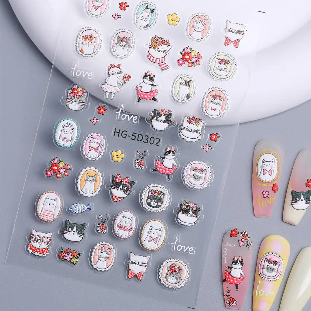 

Lovely&Mellow Cat 5D Embossed Kawaii Bear Nail Art Stickers Self-Adhesive DIY Nail Sliders Decor Supplies For girls and Womeen