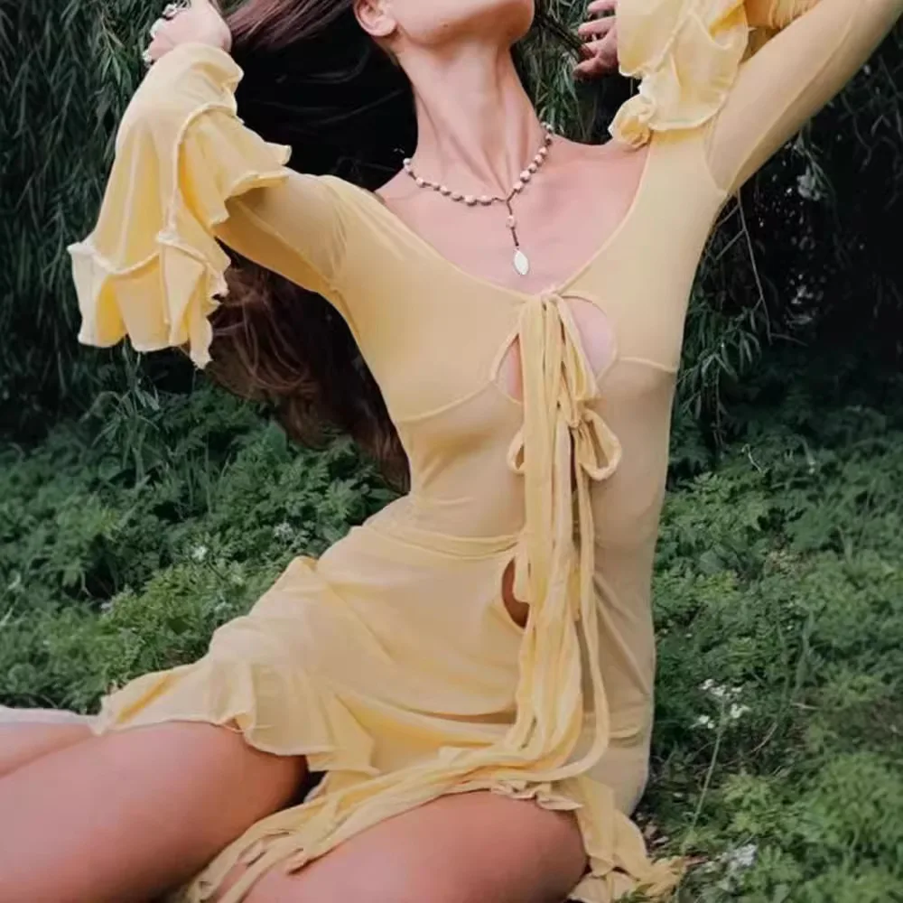 2025 Women's Dress Summer Elegant Long Sleeve Ruffle Tie Solid V Neck Lace Up Slim Slit Holiday Dresses Stree