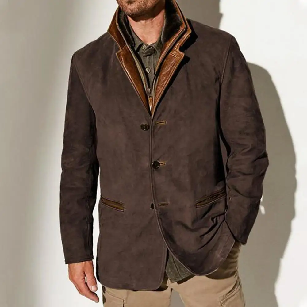 Veste d'hiver patchwork rétro pour hommes, faux cardigan à simple boutonnage, manches longues, optique, peluche, manteau grande taille, faux deux pièces, poches