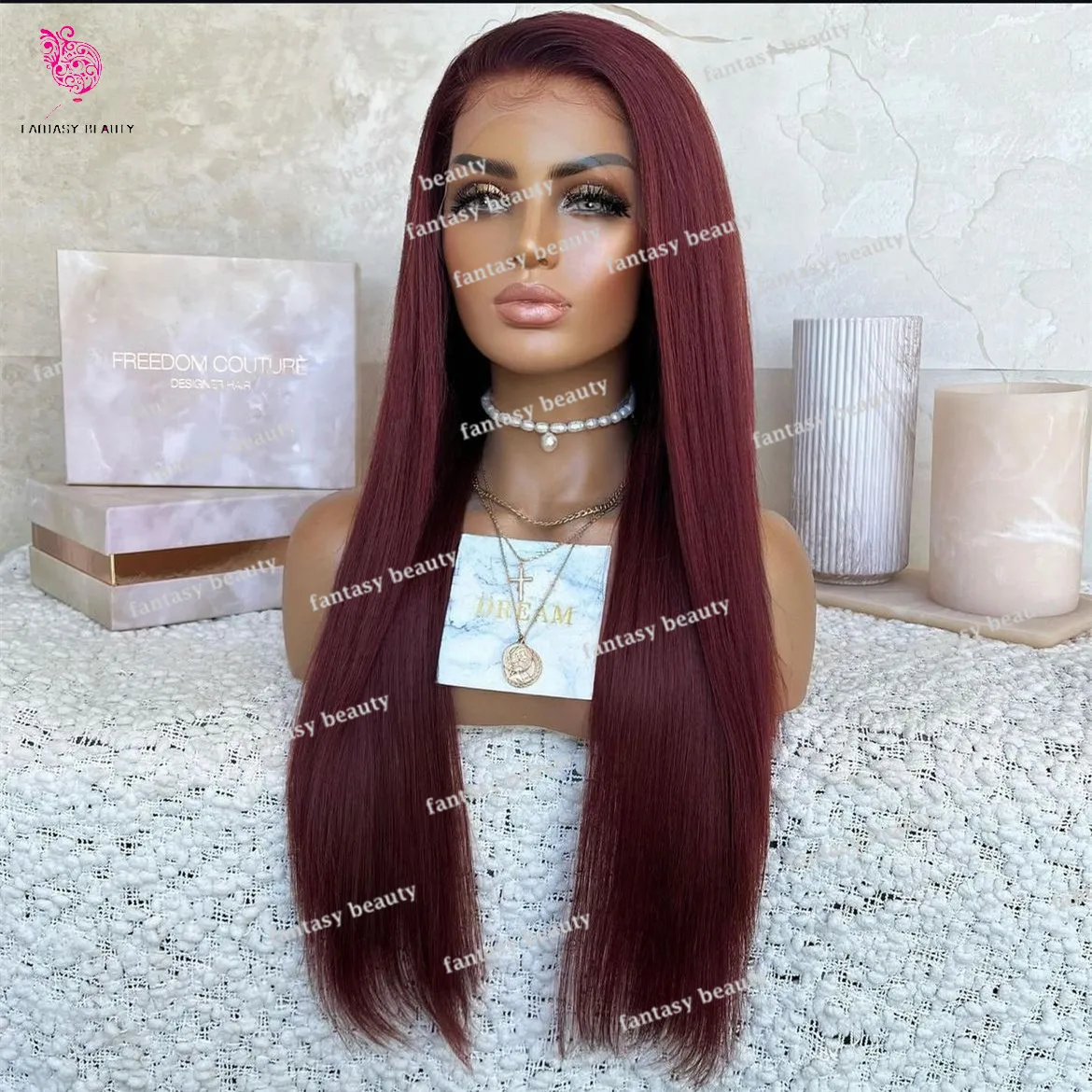 Red 99J 100% Human Hair Wig Silk Straight Hair Burgundy glueless 13 × 6 Breathable front lace wig woman Long Hair wig HD lace