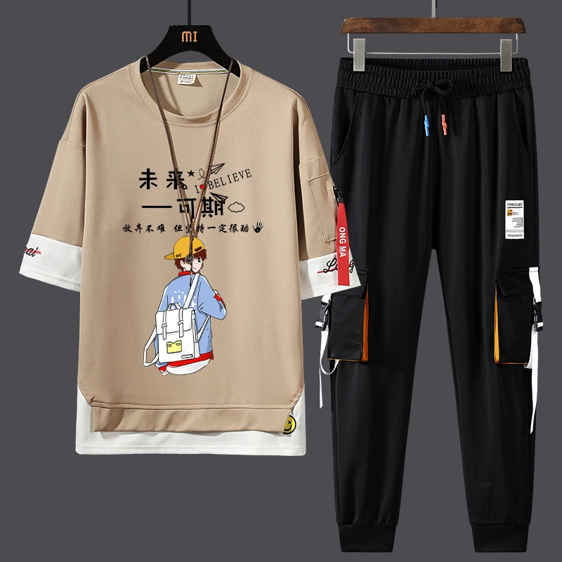 

Новый мужской спортивный костюм 2024 года: свободная футболка с коротким рукавом и длинные брюки, подростковый размер, полиэстер, летний комплект