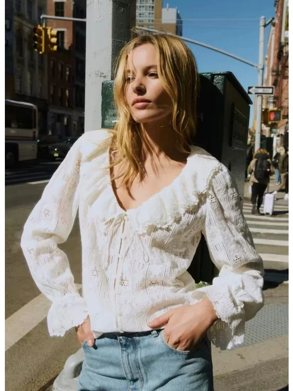 

Ретро-блузка женская с кружевной вышивкой и длинным рукавом, весенняя модная, в нежном стиле, с воротником-стойкой, 100% хлопок, для повседневной носки