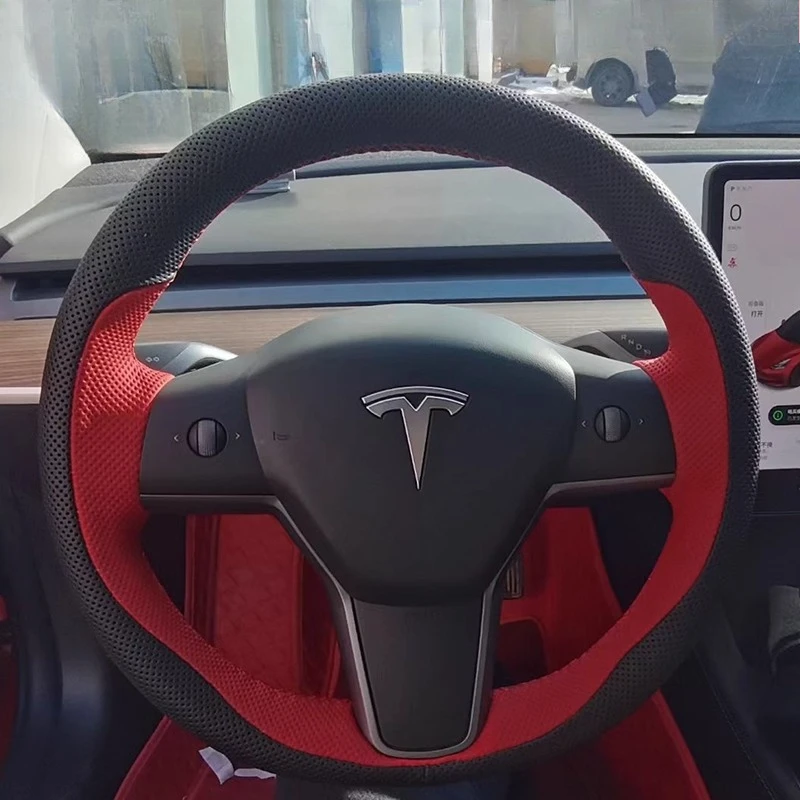 For Tesla Model 3 Model Y 2018-2021 Hand stitched non-slip Genuine Leather car Steering Wheel Cover