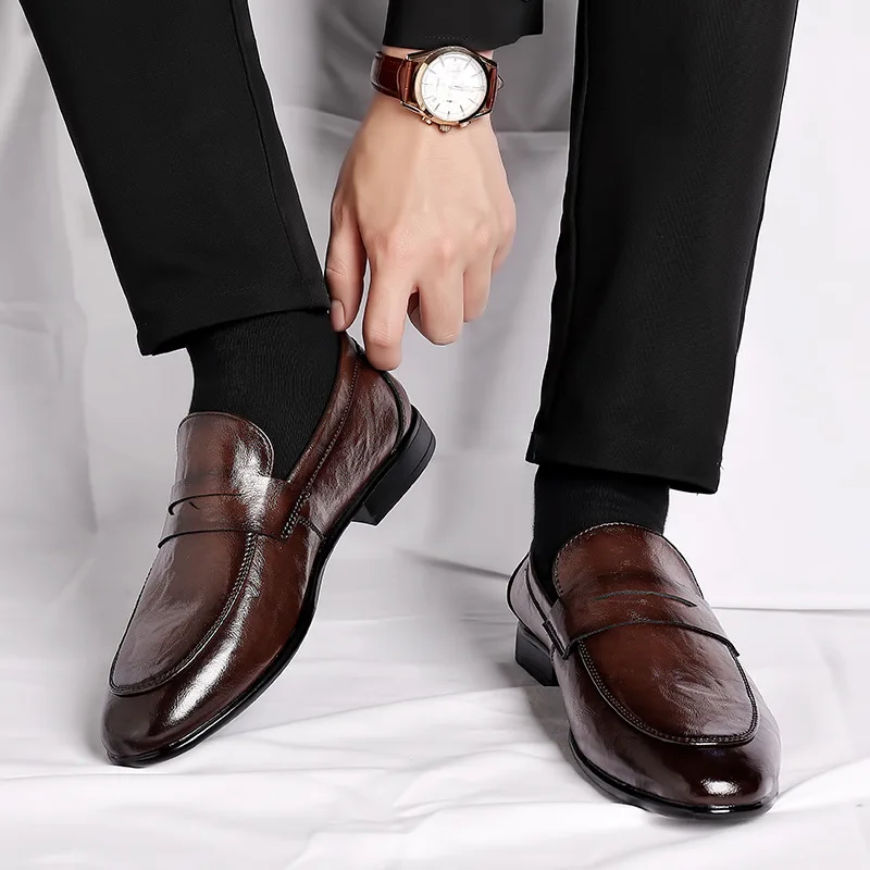 Dedo apontado masculino sapatos de couro, sapatos de deslizamento, sapatos de luxo, festa formal, escritório, casamento, estilo italiano, moda