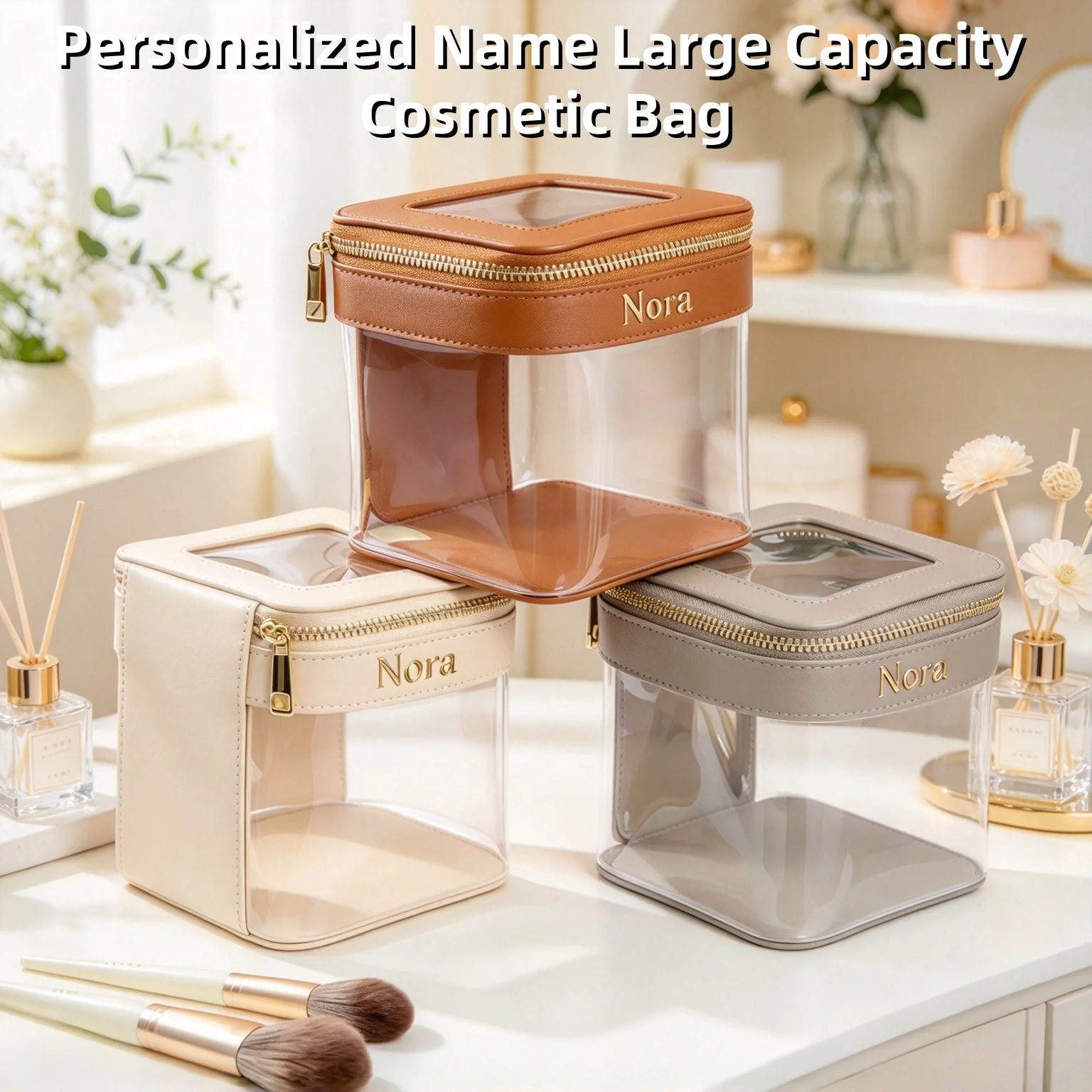Personalized Name Letter Cosmetic Pouch and Toiletry Bag,Transparent and See‑Through Design, Large Capacity, Portable for Travel