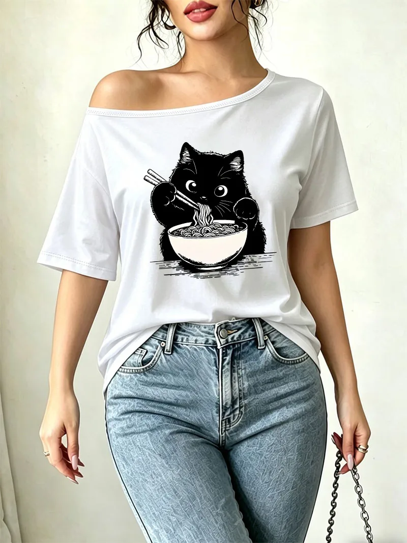 Funny Japanese Style Ramen Cat Print Loose 90s Off Shoulder T-shirt Graphic Tee Streetwear Women's Top Girls Summer