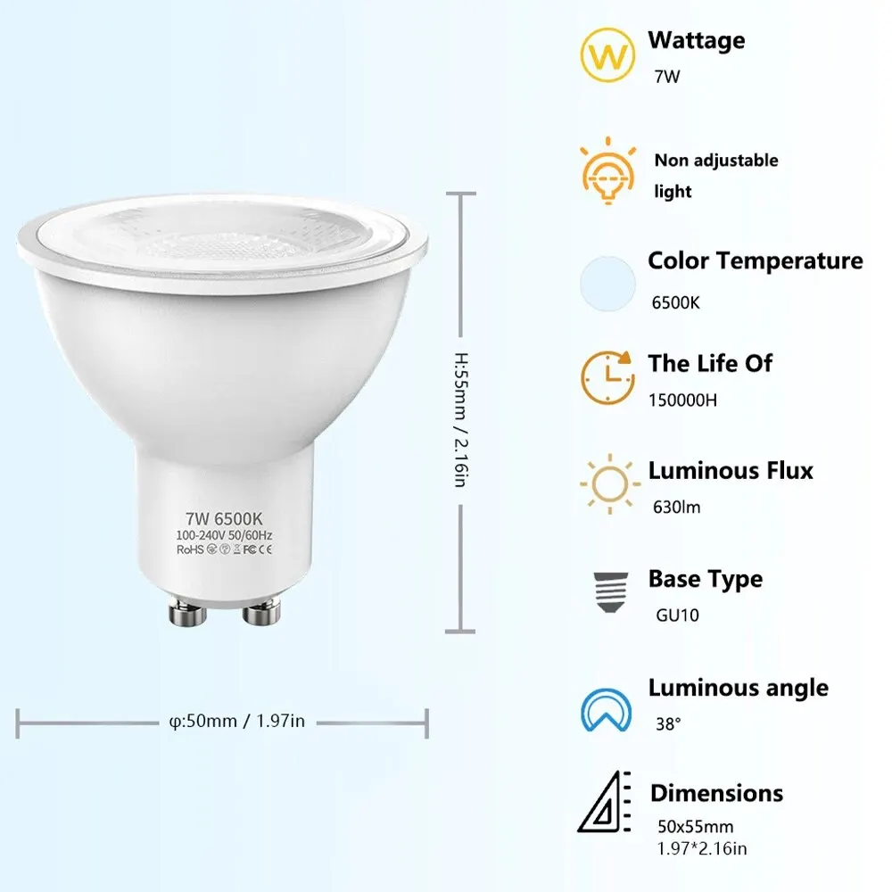 Żarówka LED GU10, 7-watowa żarówka szynowa, 6500 K zimna biel, wymiana żarówki LED o mocy 630 lumenów w kształcie MR16, do wpuszczania, oświetlenie