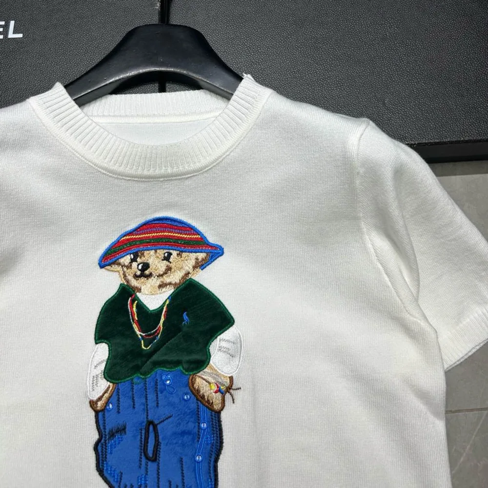 2025 Summer New Women\'s Knitted Pullover Embroidery Cartoon Bear Short Sleeve Sweater Korean Fashion Casual Thin Ladies Knitwear