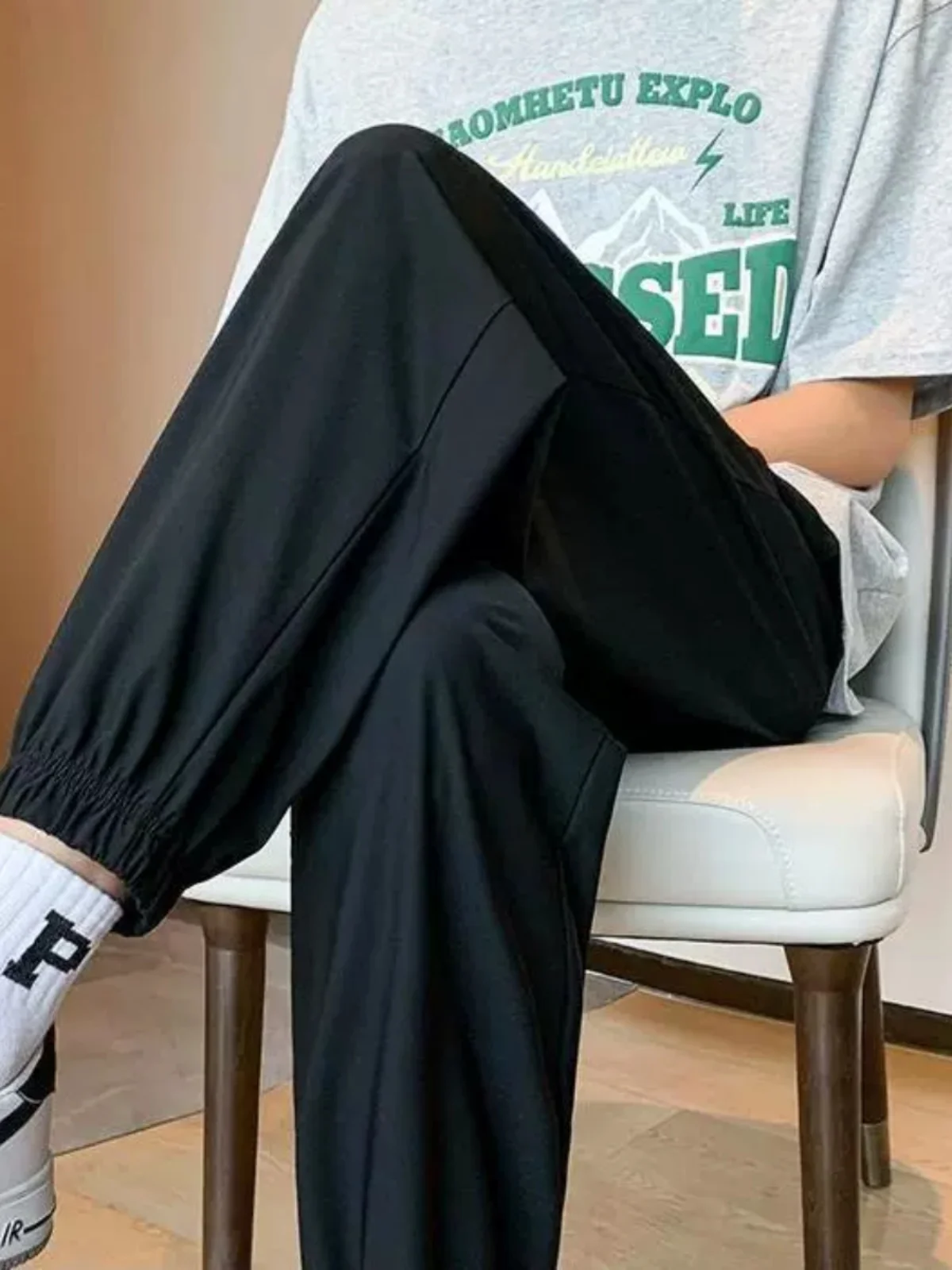 

Men's Summer Thin Loose Casual Pants Ice Silk Qui Dry Sports Long Trousers Trendy Bla Cuffed Pants Faionable Loose Fit