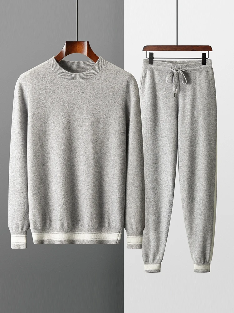 

TLOML Men 100% Cashmere Sweater Suit O-neck Pullover Cashmere Pants Autumn Winter Soft Warm High Quality Cashmere Knitwear Suit