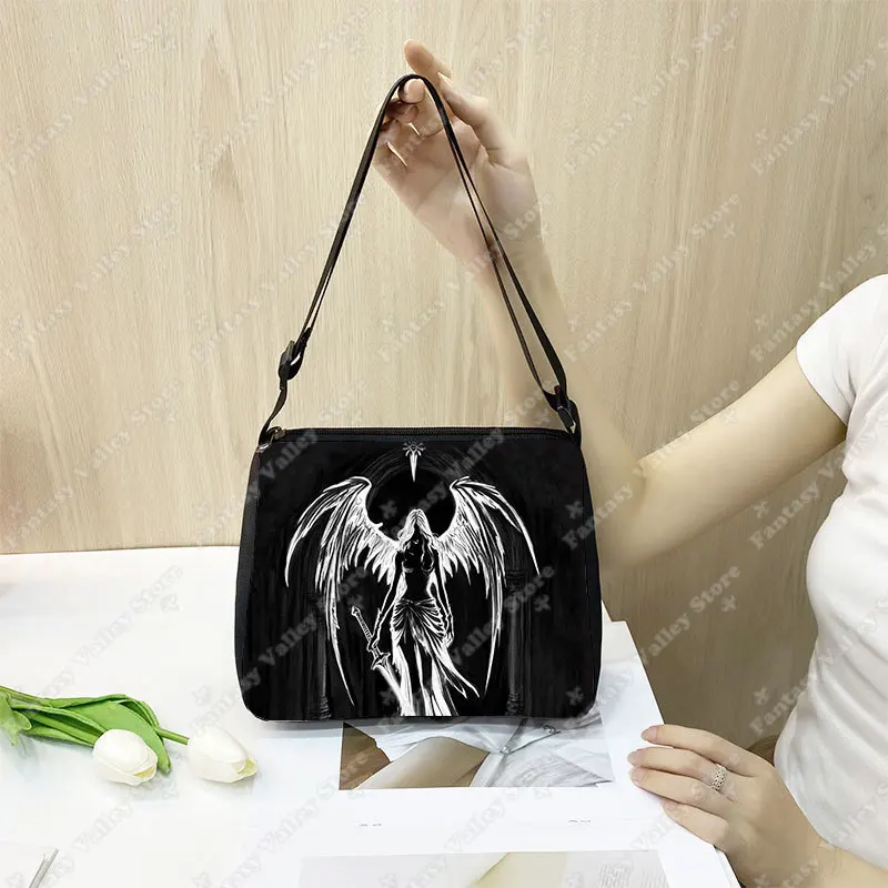 Gothic Black Angel Pattern Women Shoulder Bag Demon Punk Handbags for Travel Key Purse Phone Holder Messenger Bag Crossbody Bag