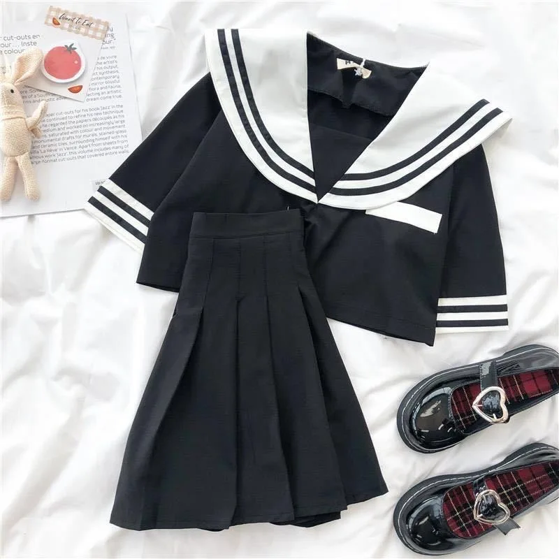 Japanese New Sailor Suit White and Navy Summer Women Student JK Uniform Suit College Style Girls Short Top Pleated Skirt Sets