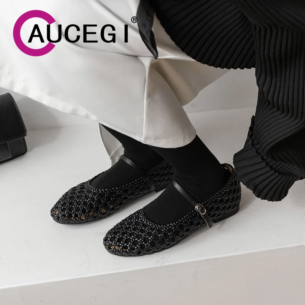 

Aucegi Summer Women Handmade Mesh Sandals Microfiber Leather Round Toe Comfortable Low Heel Weave Dress Handmade Mary Jane Shoes