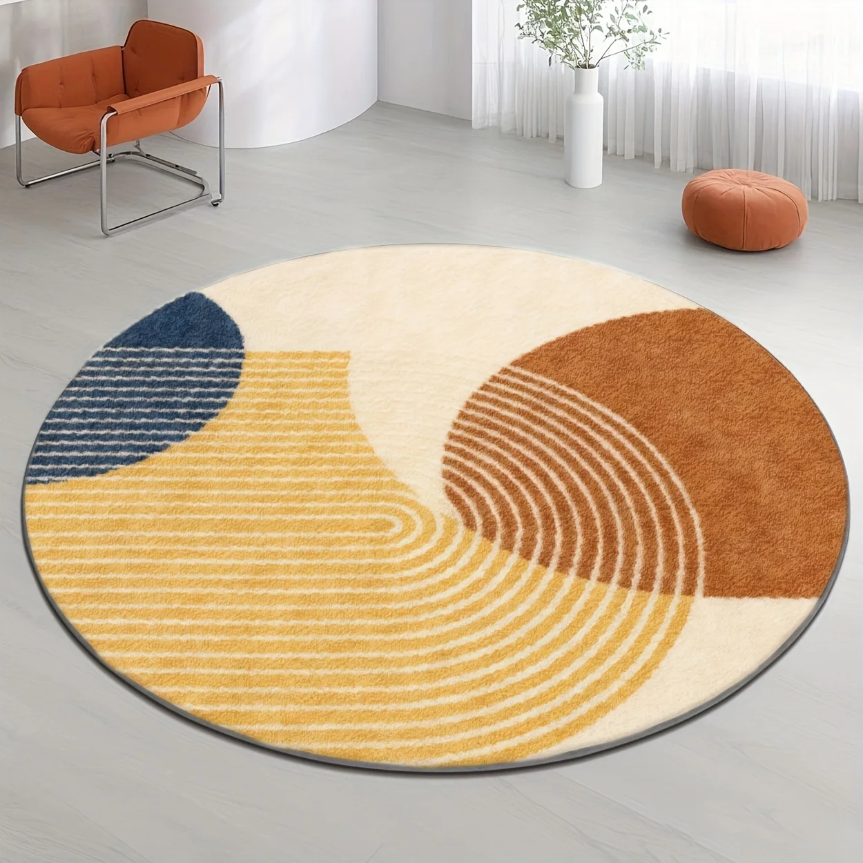 Geometric Red Blue Concentric Lines Abstract Art Round Carpet For Contemporary Lounge With Retro Wave Carpet Vibe