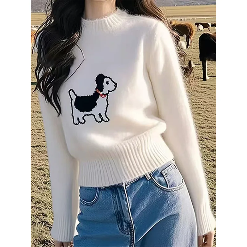 Autumn Winter Casual Soft Loose O-neck Commute Sweaters Women's Clothing Fashion Dog Cartoon Jacquard Knitted Pullovers