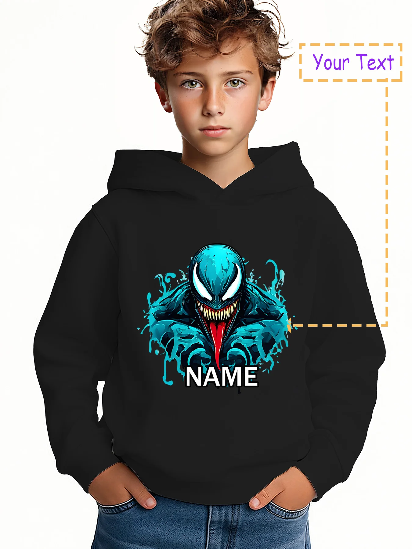 

MINISO Marvel Venom Cool Hoodie - Blue Flame Venom personalized print, dark trendy style, suitable for school outings and anime