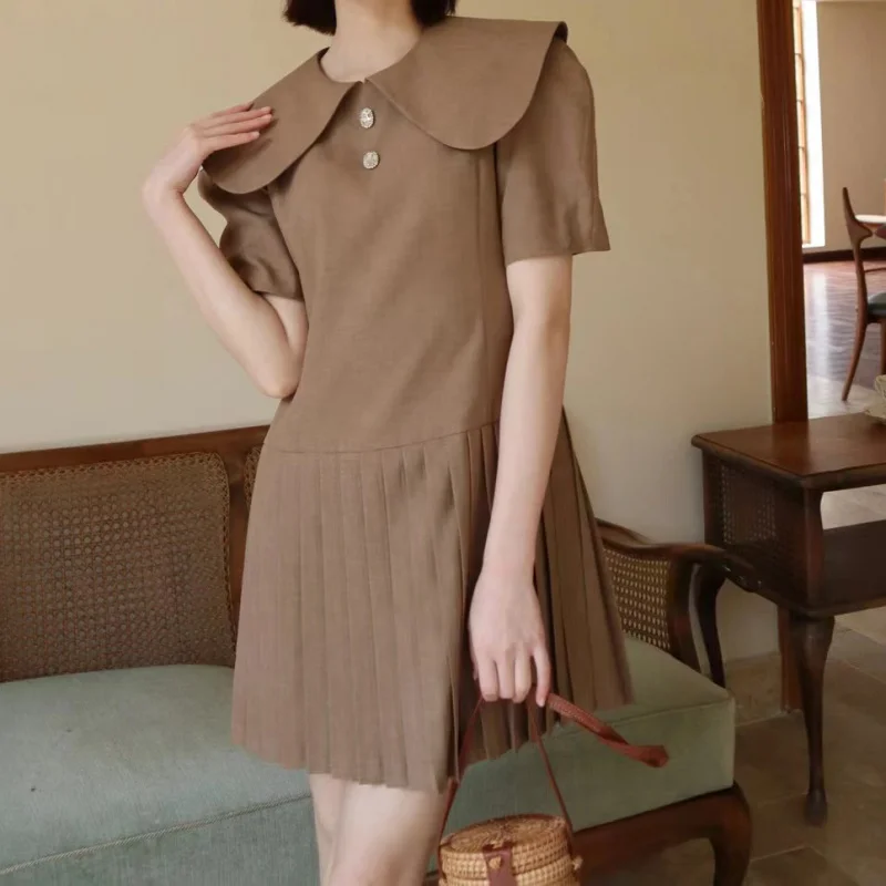 2024 newcollar puff sleeve anti-aging female cocoa brownie pleated dress