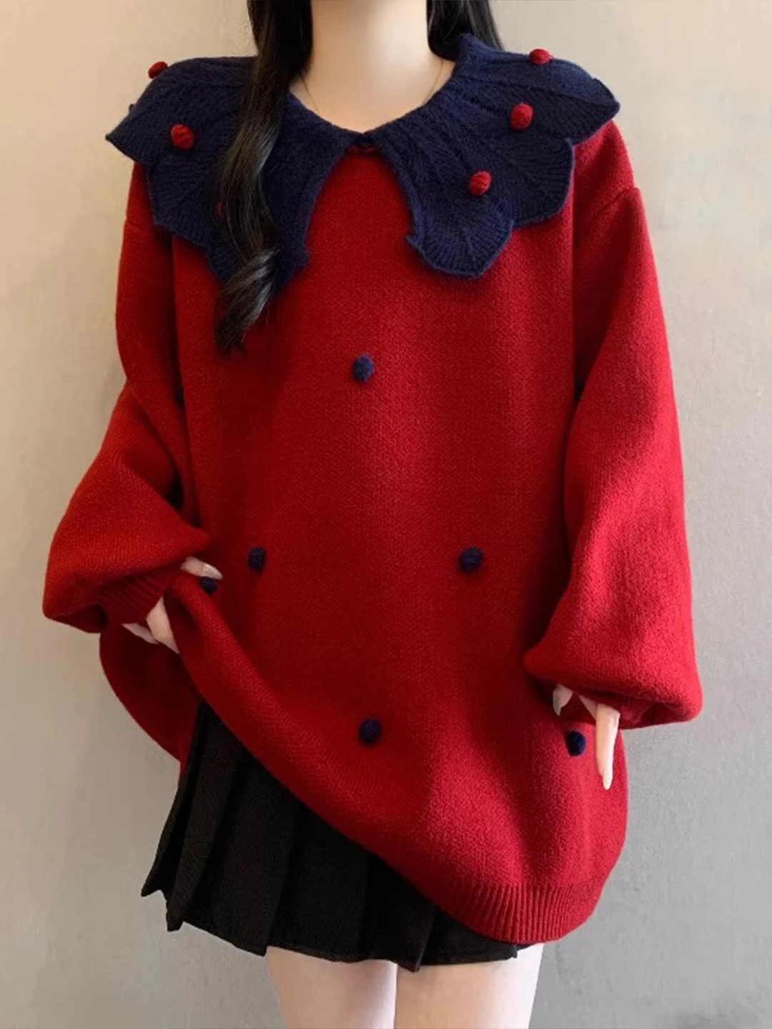 

Красный длинный свитер с кукольным воротником, женский зимний свитер больших размеров, закрывающий ягодицы, вязаный топ, свободный крой, мягкий полиэстер