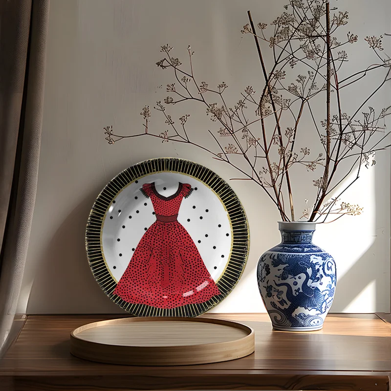 1pc Hand-Painted Red Dress Art Ceramic Plate - Vintage European Round Decorative Plate Suitable for Living Room Display, Dining