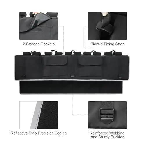 

Black Pickup Tailgate Protector With Reflective Edging, Dual Storage Pockets, Bike Mount Straps, Camera Cutout—Fits 5 Bikes