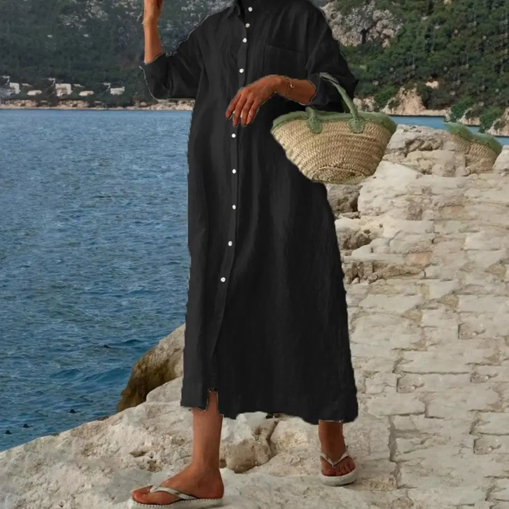 

Button Lapel Dress Women Solid Color Shirt Dress Stylish Summer Women's Midi Dress Single-breasted A-line Shirt Type for Commute