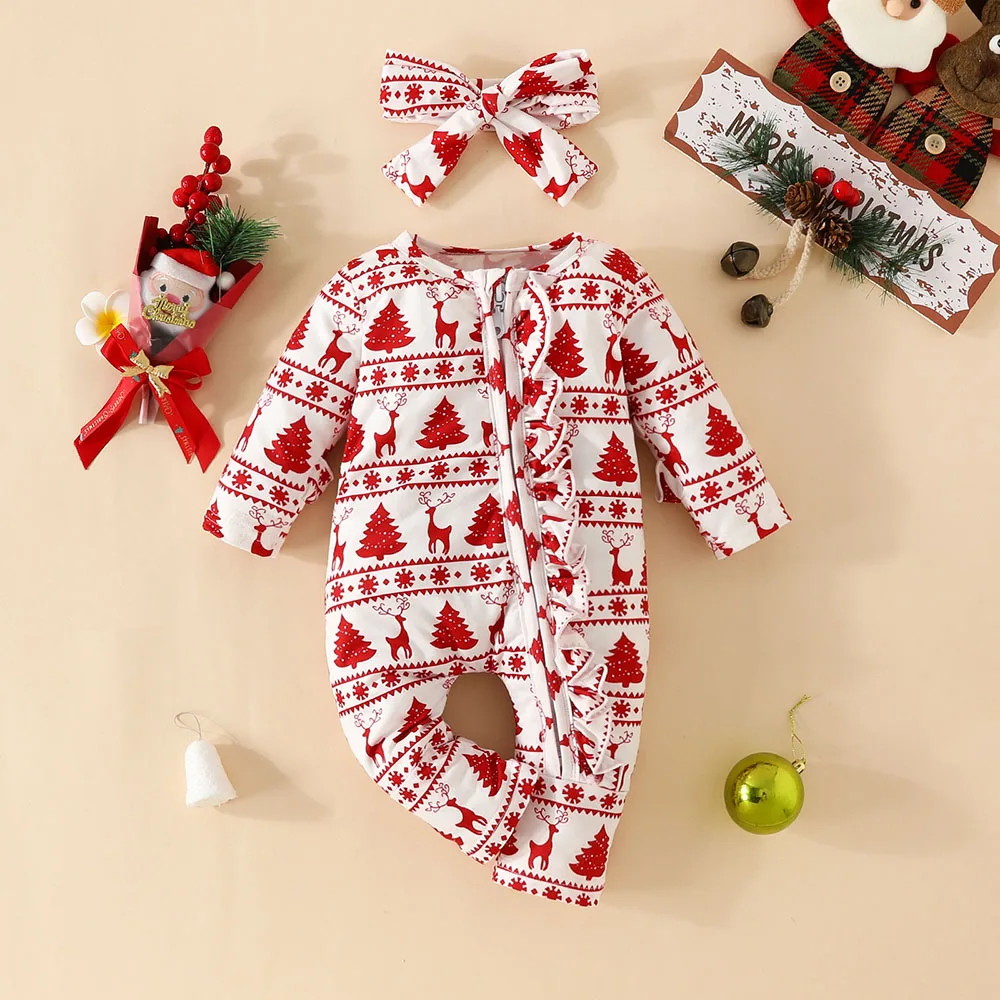 2024 Christmas Romper for Newborn Cute Christmas Tree Print Ruffle Long Sleeve Stripe Zipper Romper with Headband