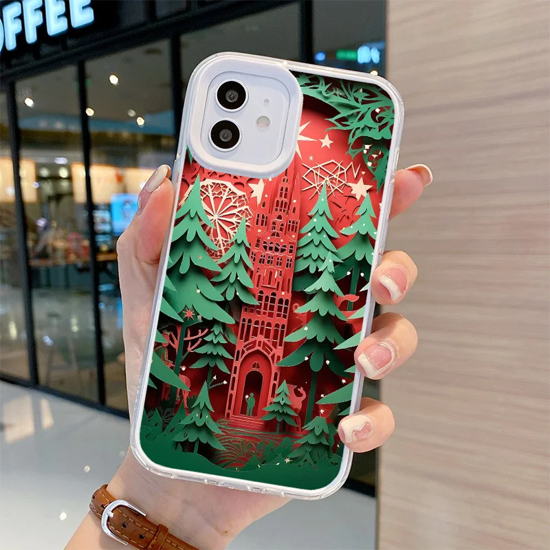 3D Merry Christmas Paper-cut Castle 3 In 1 Clear Case For Iphone 11 14 15 16 Pro Max Soft TPU 12 13 Mini 7 Plus XS Max XR Cover