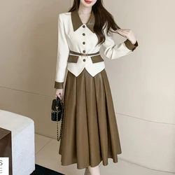 Women's Vintage Suit, Turn-Down Collar Blazers, Coats, Lace-up Jackets, Pleated Mid Skirts, High Street Outfits, Fall, 2 Pcs Set