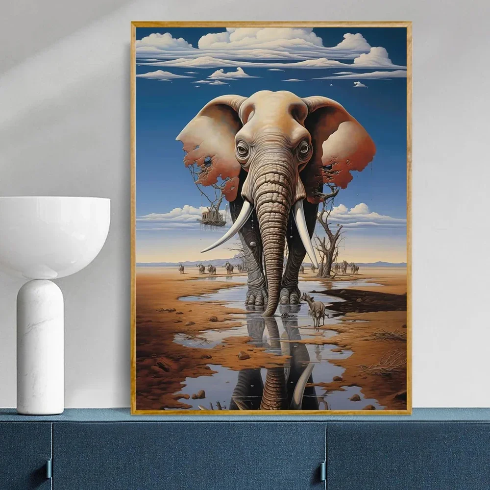 Surrealism Canvas Wall Art,Melting Clock & Fantasy Elephant Painting Print,Surreal Abstract Poster for Living Room Office Dec