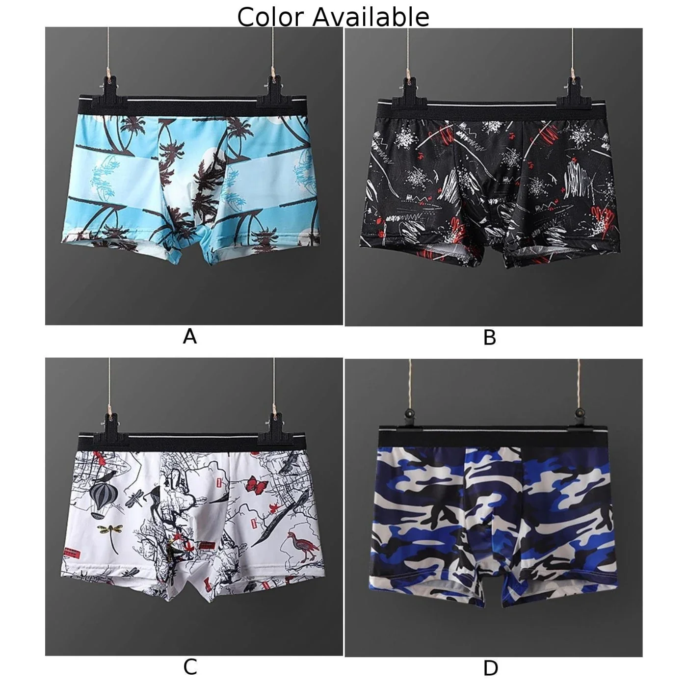 Men\'s Panties Sexy Ice Silk Loose Underwear Print Quick Dry Briefs Bulge Pouch Soft Breathable Underpants Elastic Trunks