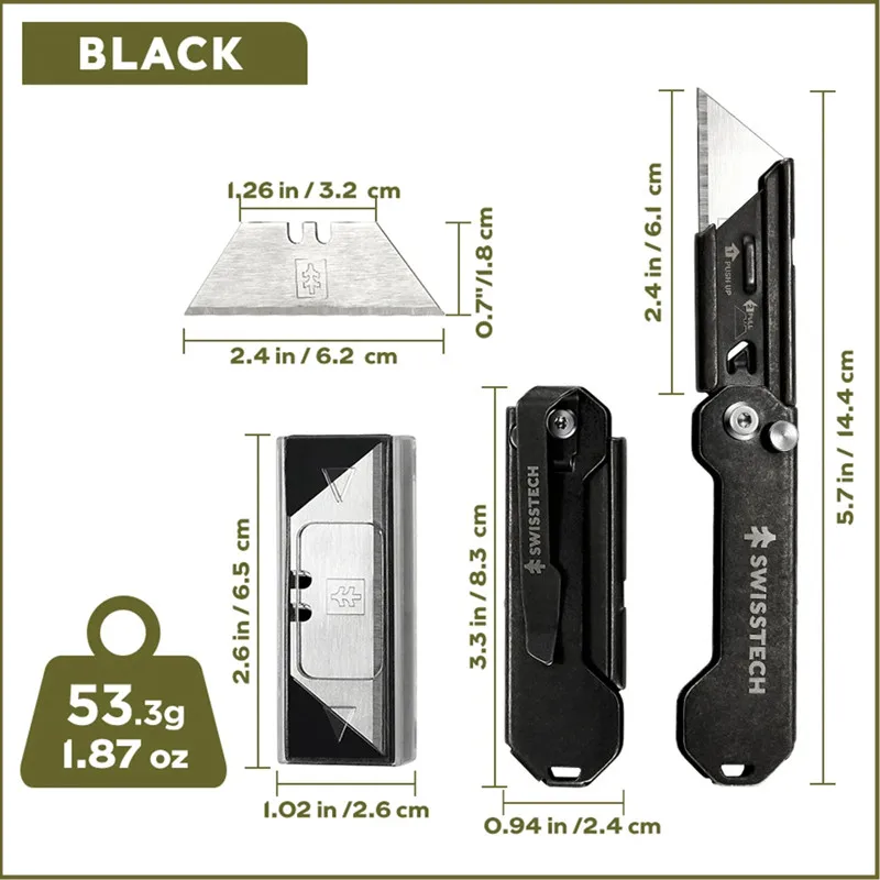 SWISS TECH มีดพับขนาดเล็กเครื่องเขียนพวงกุญแจ Multitool มีดพกพา EDC เครื่องตัดกล่องมีดยูทิลิตี้พร้อมใบมีดถอดเปลี่ยนได้