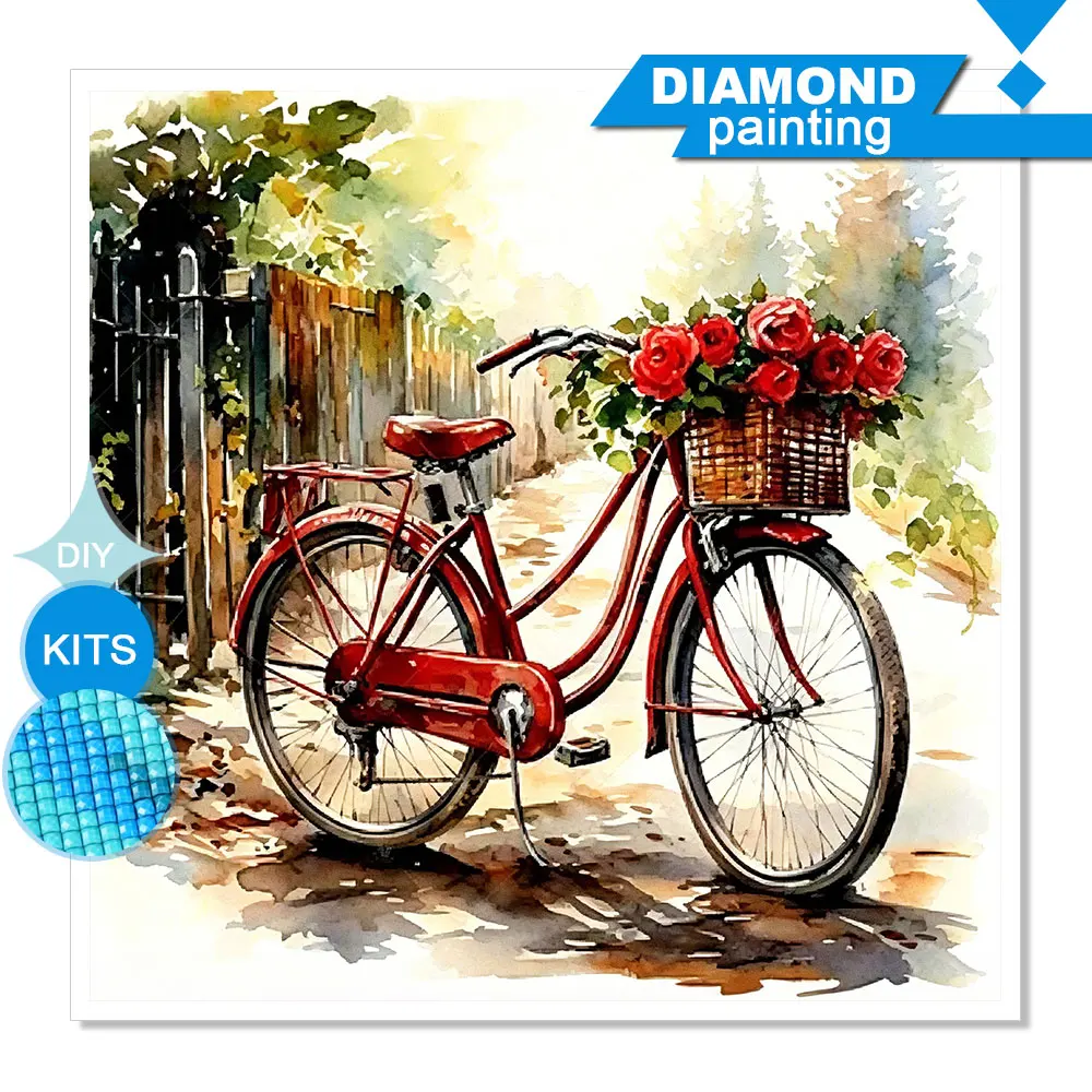 Huacan DIY Diamantmalerei Rotes Fahrrad Rose Diamant-Mosaik Blumen-Landschaft Neue Kollektion Handgemachtes Geschenk Wanddekoration