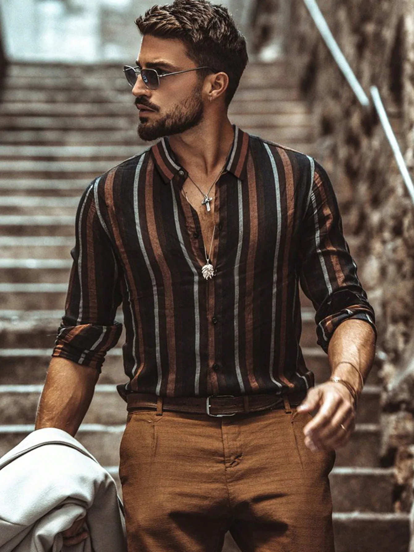 

Men's Vertical Stripe Long Sleeve Casual Shirt for Fall