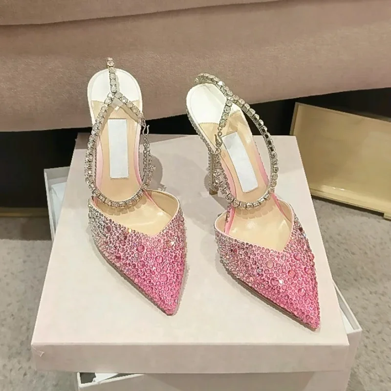 

New Exquisite French Crystal Pink High Heels for Women and Men, with a design sense of niche temperament. Celebrity Sandals