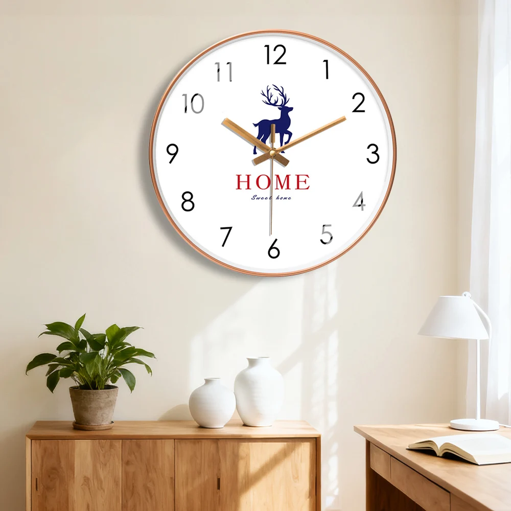 

New Elegant Wall Clock Deer Print Simple Design Quartz Movement Cozy Living Room Kitchen Bathroom Home Decor