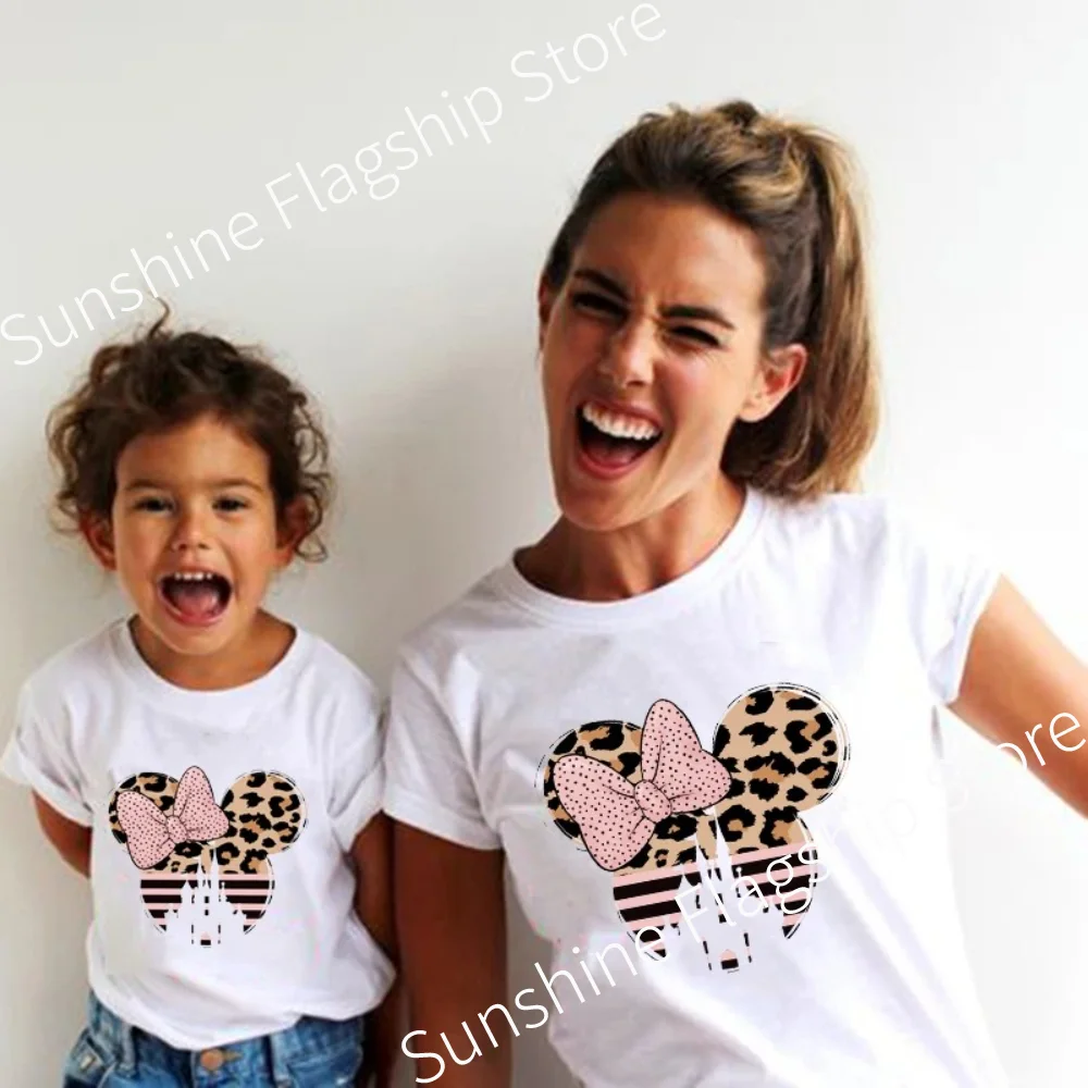 Disney Mother Kids Family Matching Outfits T Shirt Print Leopard Minnie Mouse Tops White Short Sleeve Mom and Daughter Clothes t