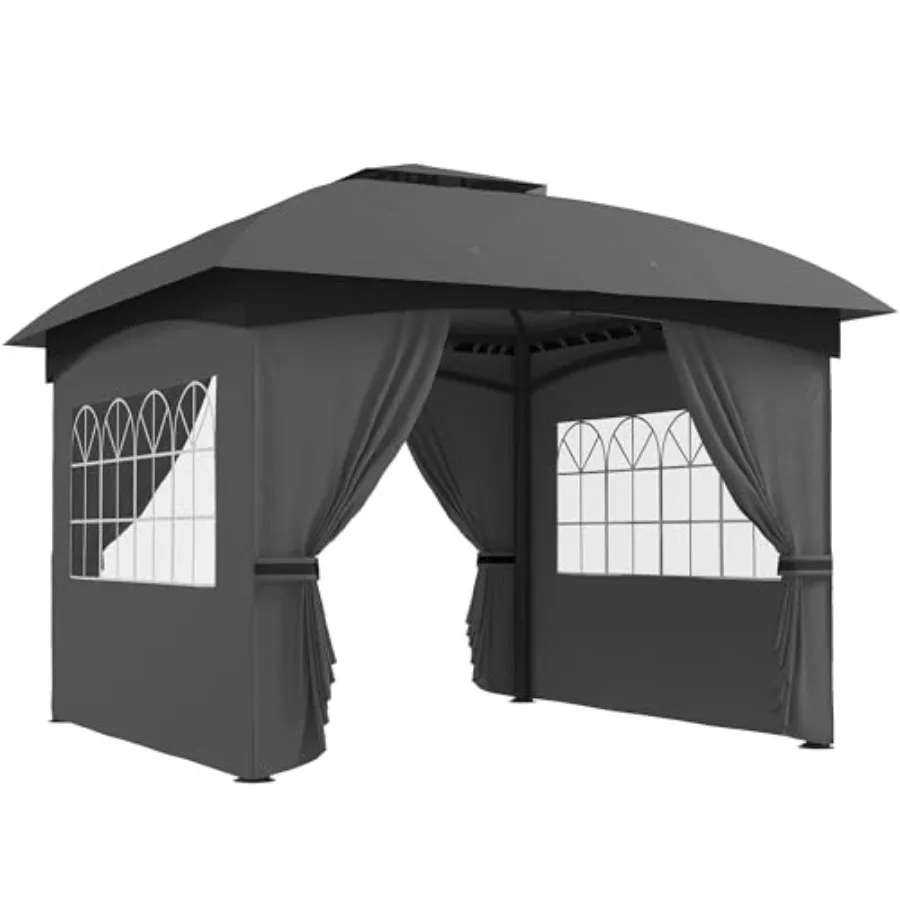 

11' x 11' Outdoor Gazebo for lawn backyard deck use, galvanized steel frame, dark gray, UV protected double roof with curtains