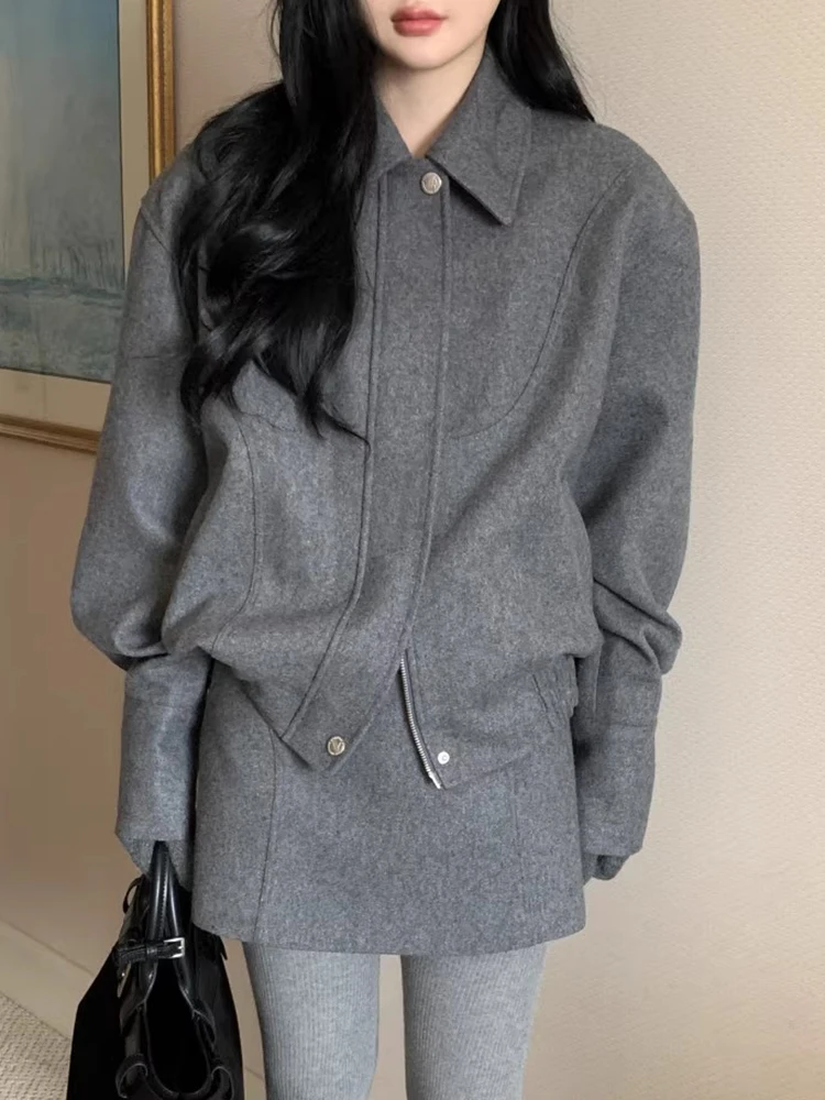 

Retro Loose Long Sve Jaet Coat + High Waist Skirt Set Chic Autumn Winter Casual Faion Women's Two-Piece Suit