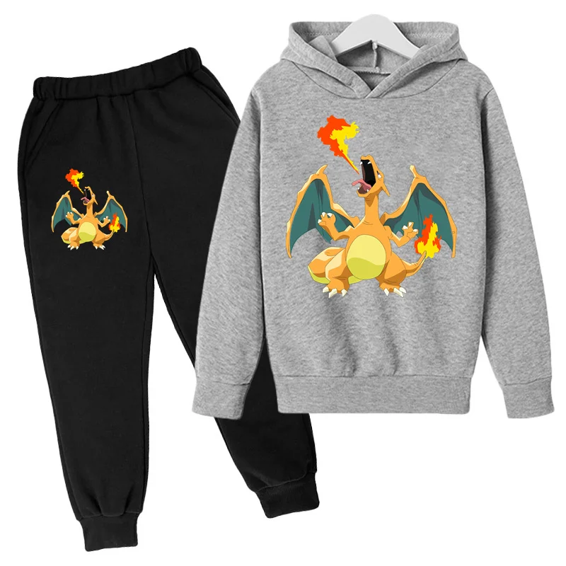 Autumn And Winter Pok É Mon Charizard Printed Children\'s Set 3-12 Year Old Boys And Girls Hoodie+Pants Casual Sports 2-Piece Set