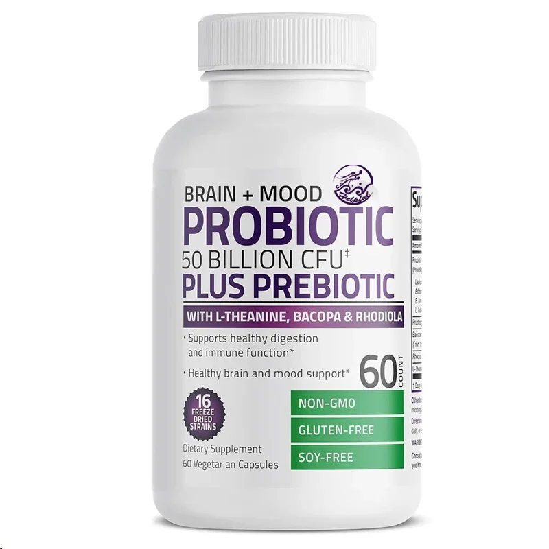 Probiotics 50 billion colony units plus prebiotics, containing 60 vegetarian capsules of theanine, pseudopurslane, and Rhodiola