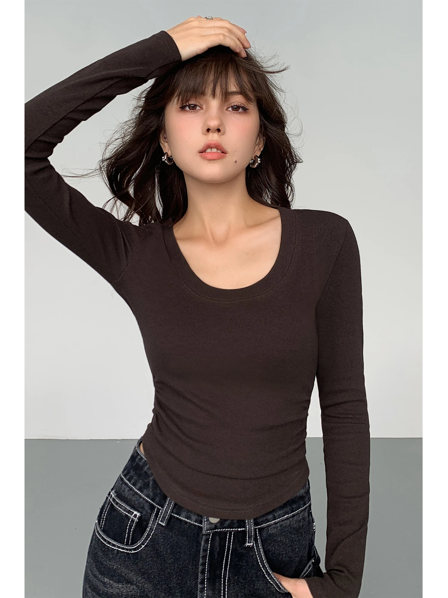

NEVA HU Long Sleeve Fitted Base Shirt Women's round Neck T-shirt Inner Wear Slim Fit Top Casual Style Knitted Pure Color