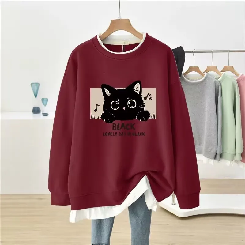 Dayifun-cartoon impresso hoodies feminino o-pescoço pullovers falso moletom de duas peças retalhos design plus size topos 4xl 2024 novo